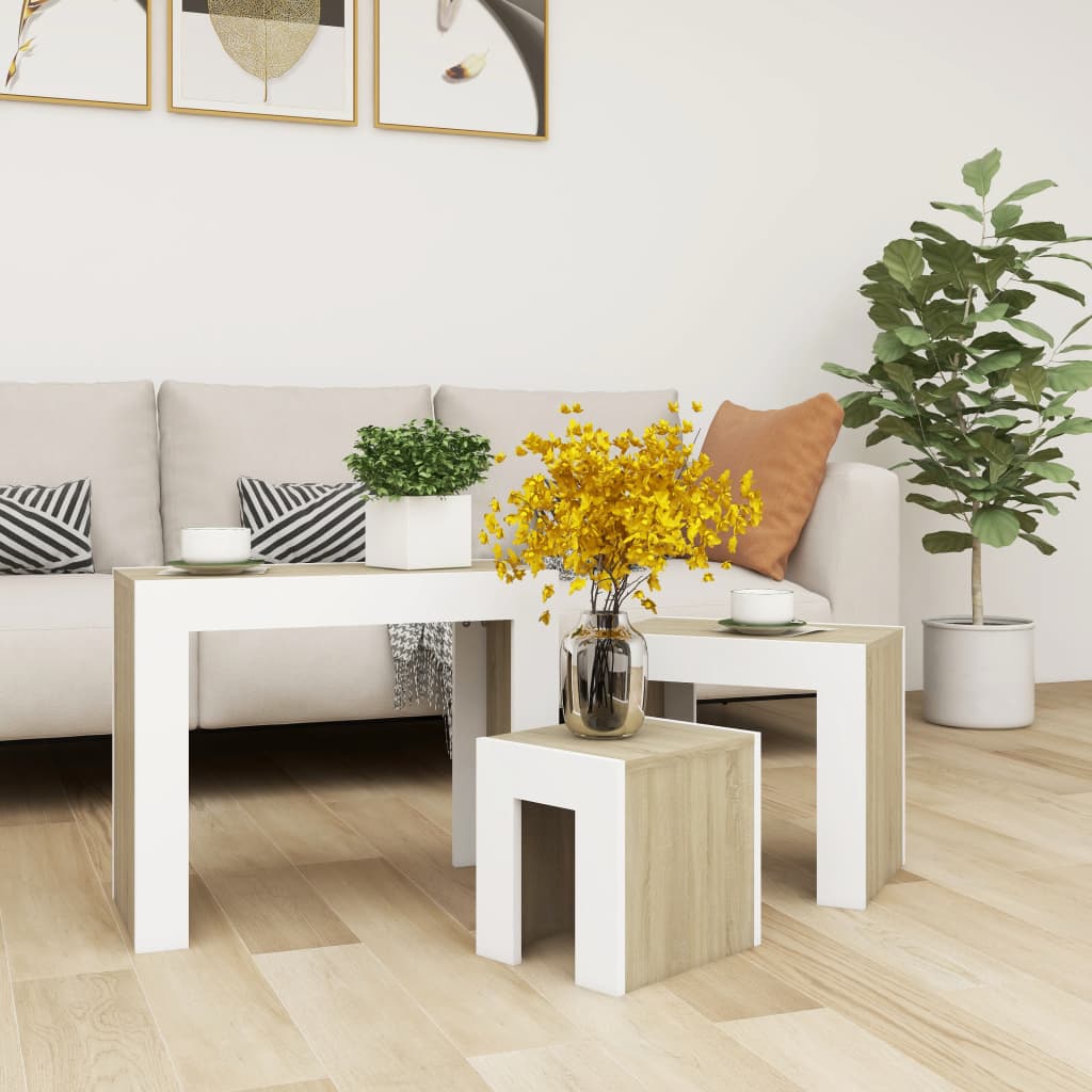 Sarjasohvapöydät 3 kpl valkoinen ja Sonoma-tammi lastulevy - Sisustajankoti.fi