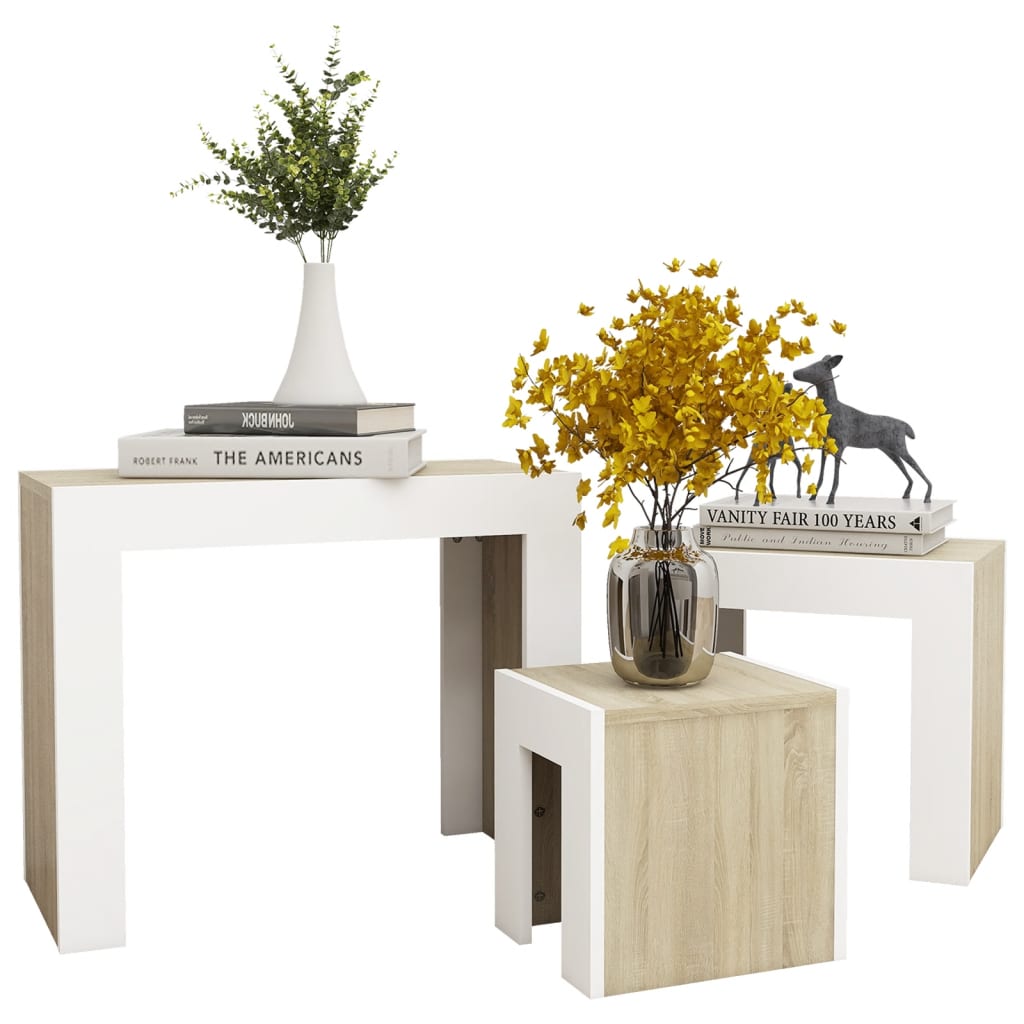 Sarjasohvapöydät 3 kpl valkoinen ja Sonoma-tammi lastulevy - Sisustajankoti.fi