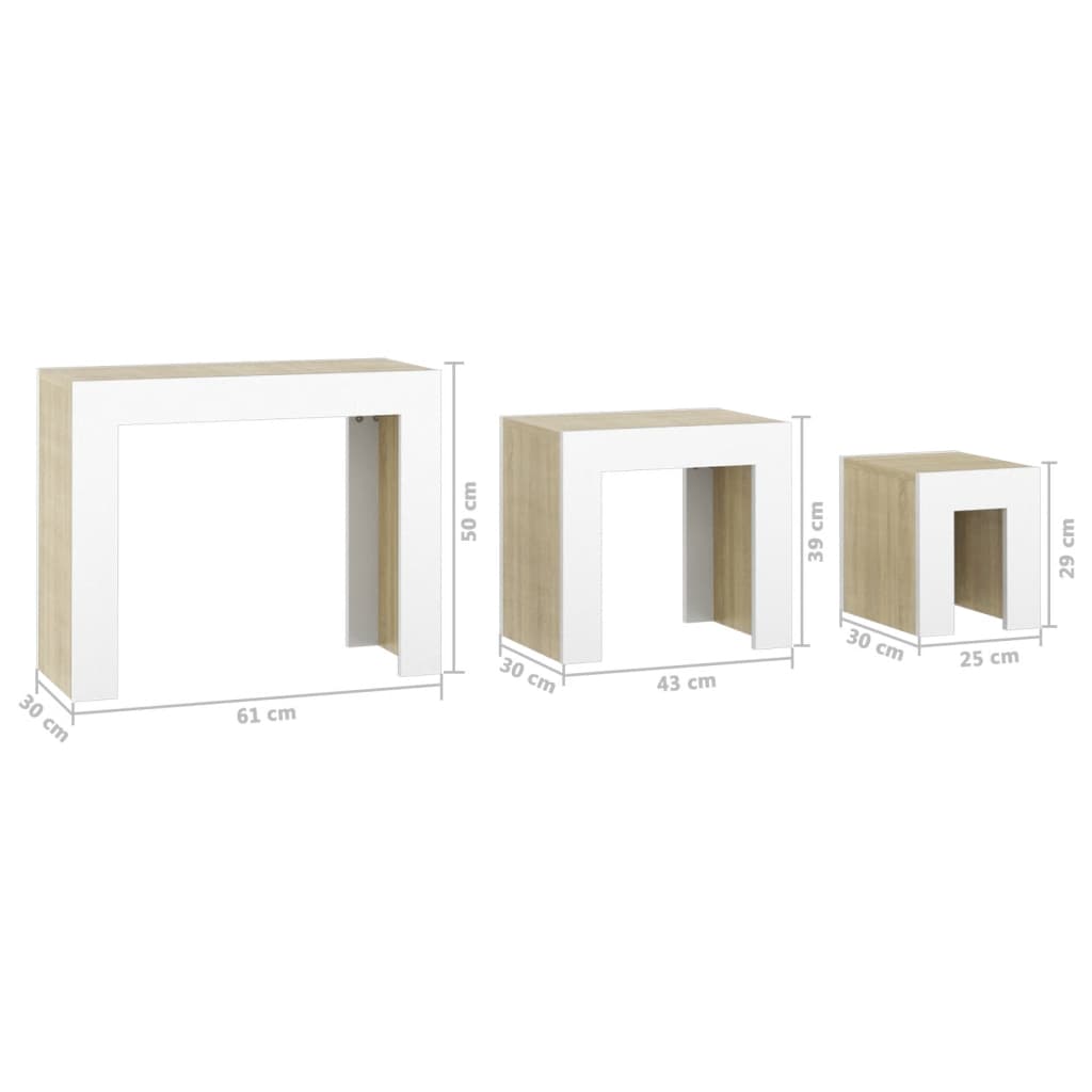 Sarjasohvapöydät 3 kpl valkoinen ja Sonoma-tammi lastulevy - Sisustajankoti.fi