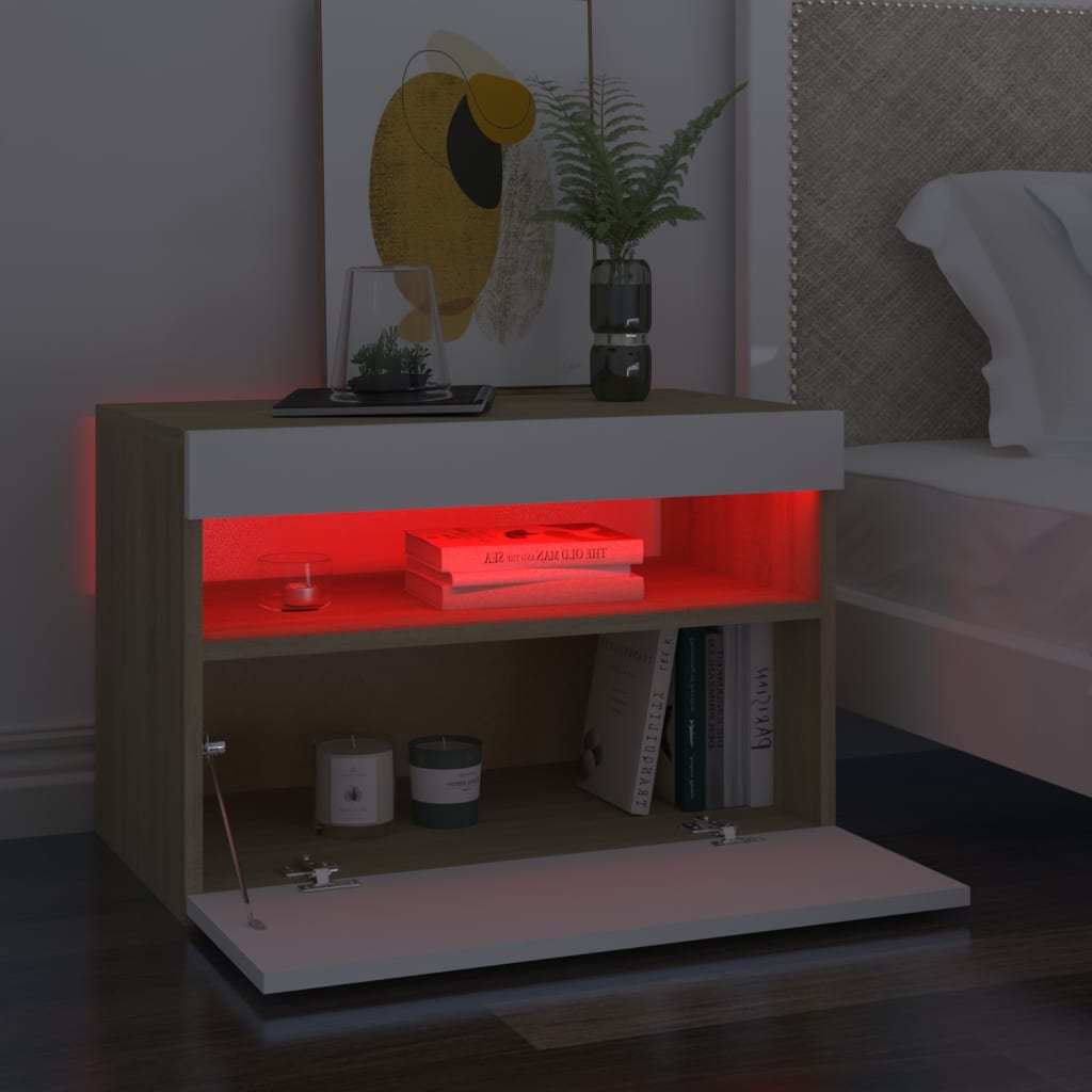 Yöpöytä LED-valoilla valkoinen ja Sonoma-tammi 60x35x40 cm - Sisustajankoti.fi