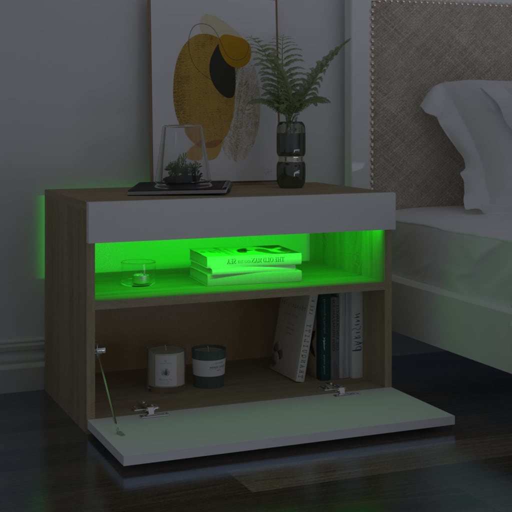 Yöpöytä LED-valoilla valkoinen ja Sonoma-tammi 60x35x40 cm - Sisustajankoti.fi