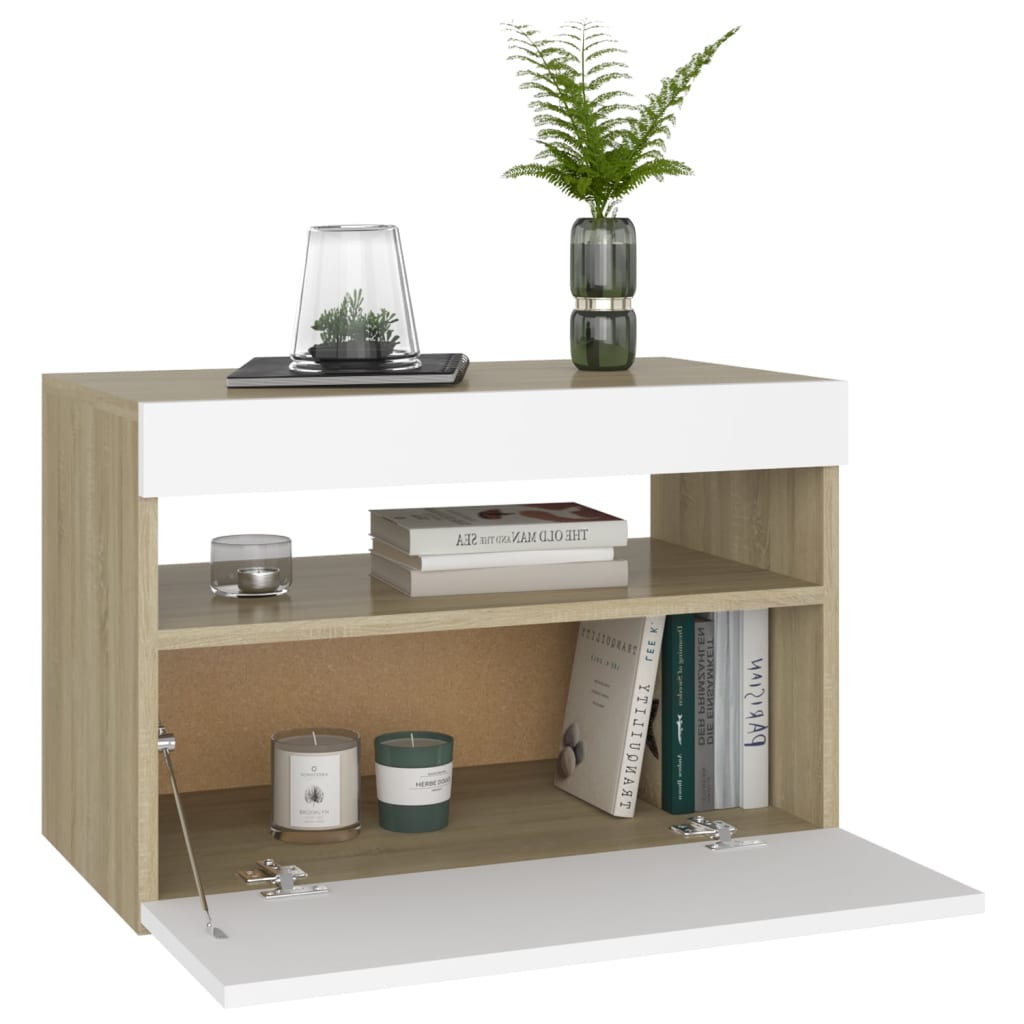 Yöpöytä LED-valoilla valkoinen ja Sonoma-tammi 60x35x40 cm - Sisustajankoti.fi