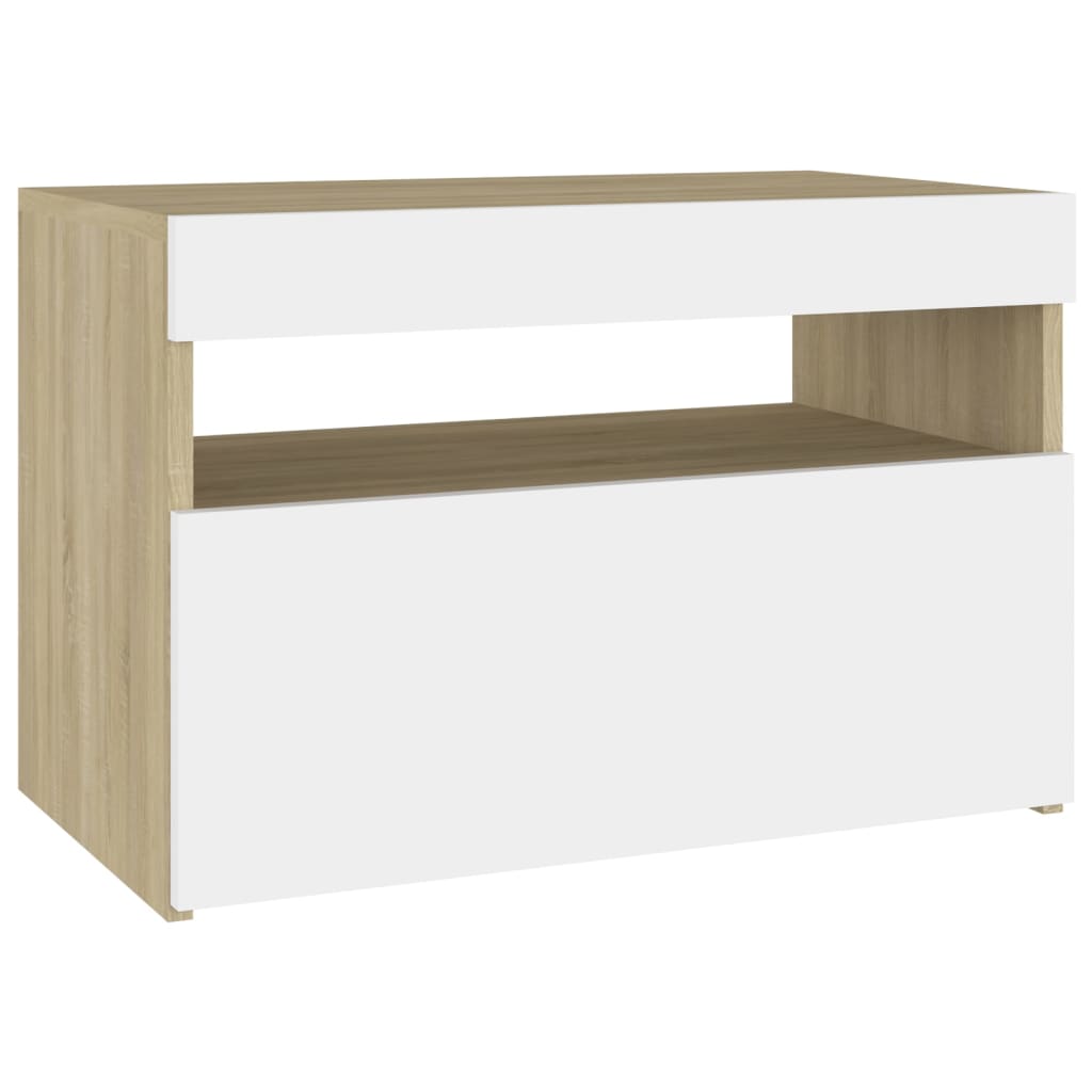 Yöpöytä LED-valoilla valkoinen ja Sonoma-tammi 60x35x40 cm - Sisustajankoti.fi