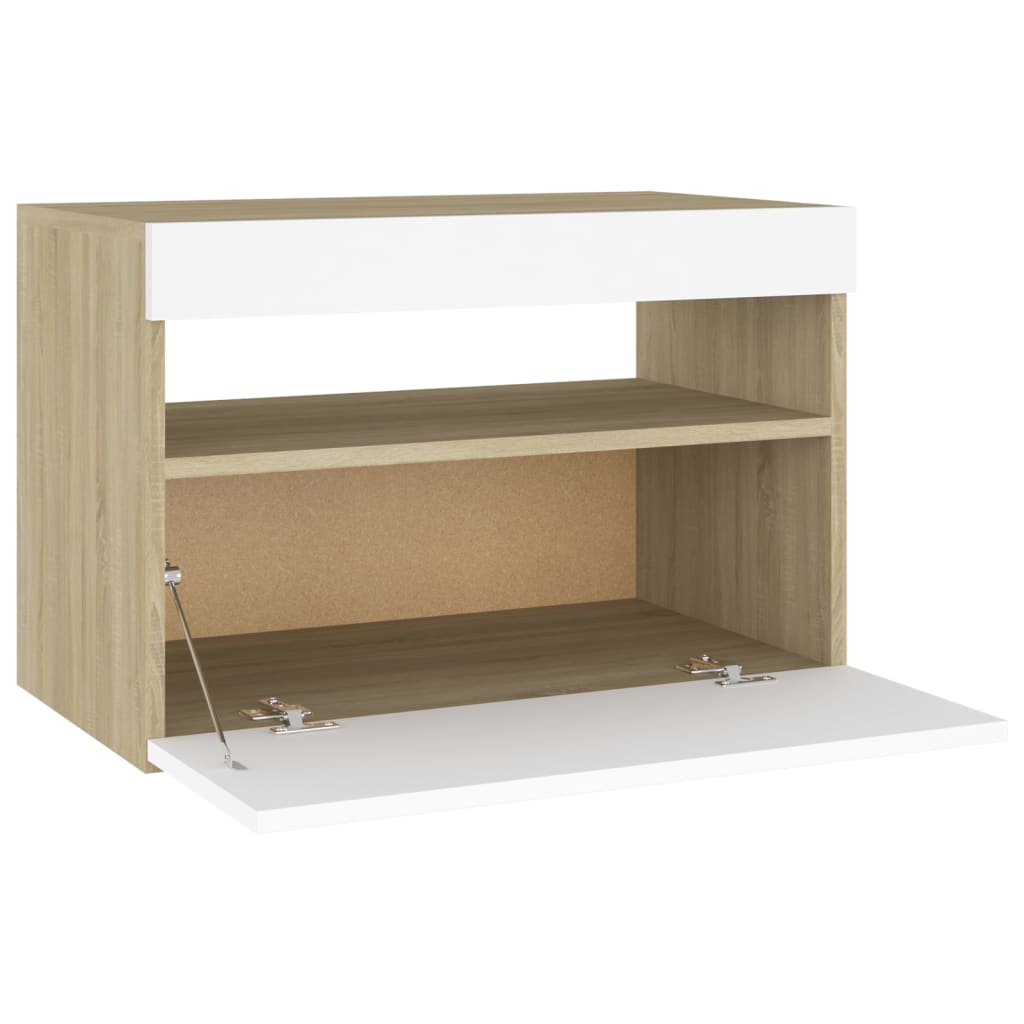 Yöpöytä LED-valoilla valkoinen ja Sonoma-tammi 60x35x40 cm - Sisustajankoti.fi