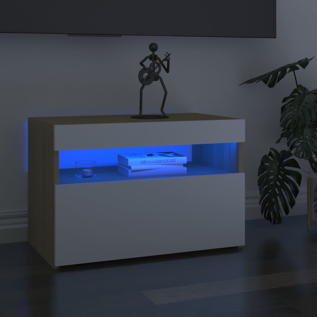 Yöpöytä LED-valoilla valkoinen ja Sonoma-tammi 60x35x40 cm - Sisustajankoti.fi