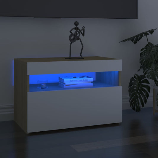 Yöpöytä LED-valoilla valkoinen ja Sonoma-tammi 60x35x40 cm - Sisustajankoti.fi