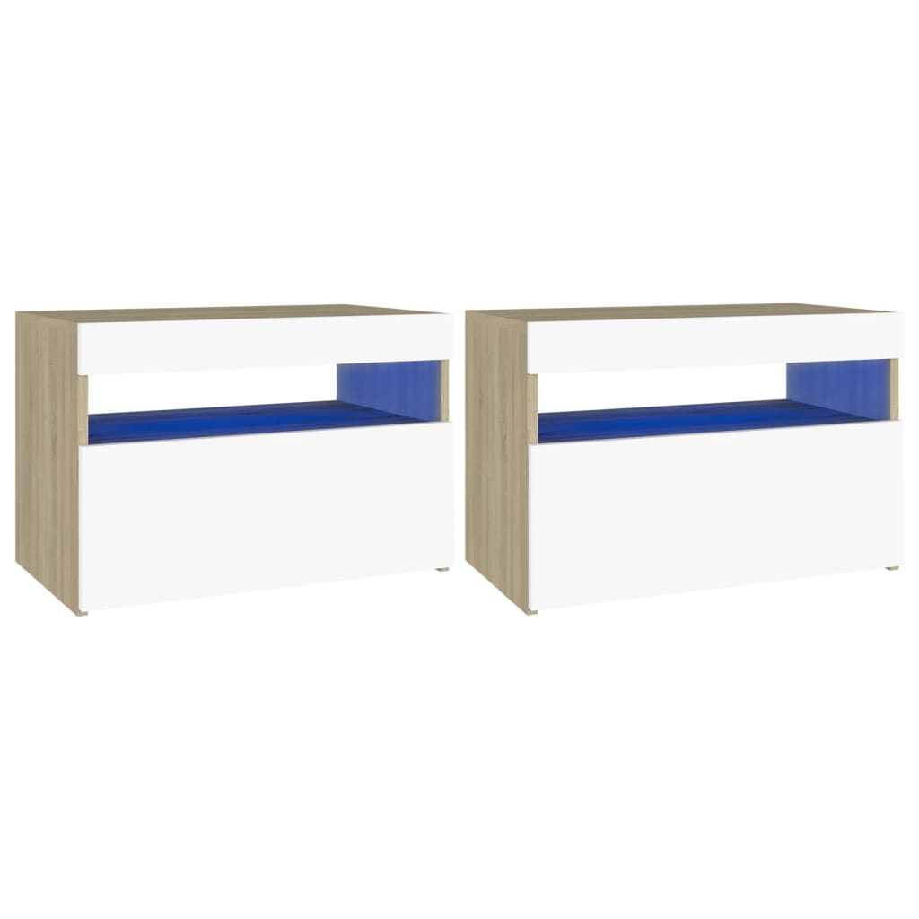 Yöpöytä LED-valoilla 2 kpl valkoinen ja Sonoma-tammi 60x35x40cm - Sisustajankoti.fi