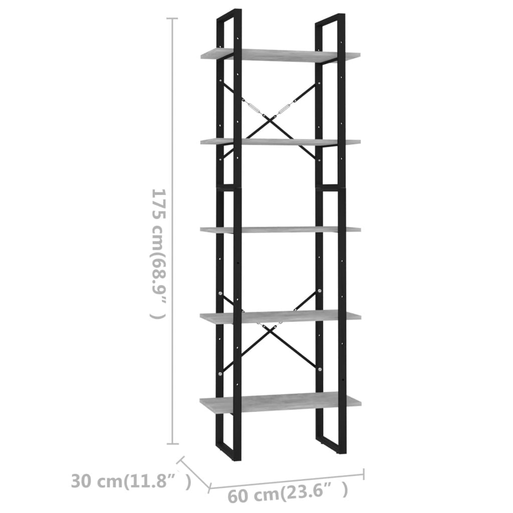 5-tasoinen kirjahylly betoninharmaa 60x30x175 cm lastulevy - Sisustajankoti.fi