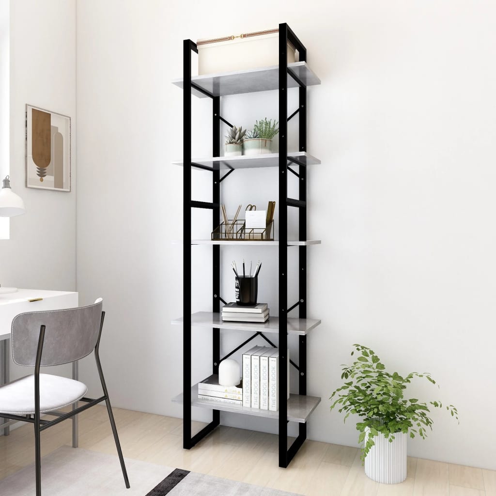5-tasoinen kirjahylly betoninharmaa 60x30x175 cm lastulevy - Sisustajankoti.fi