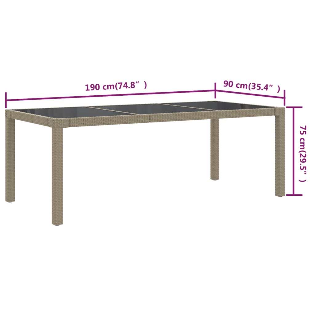 Puutarhapöytä 190x90x75 cm karkaistu lasi ja polyrottinki beige - Sisustajankoti.fi