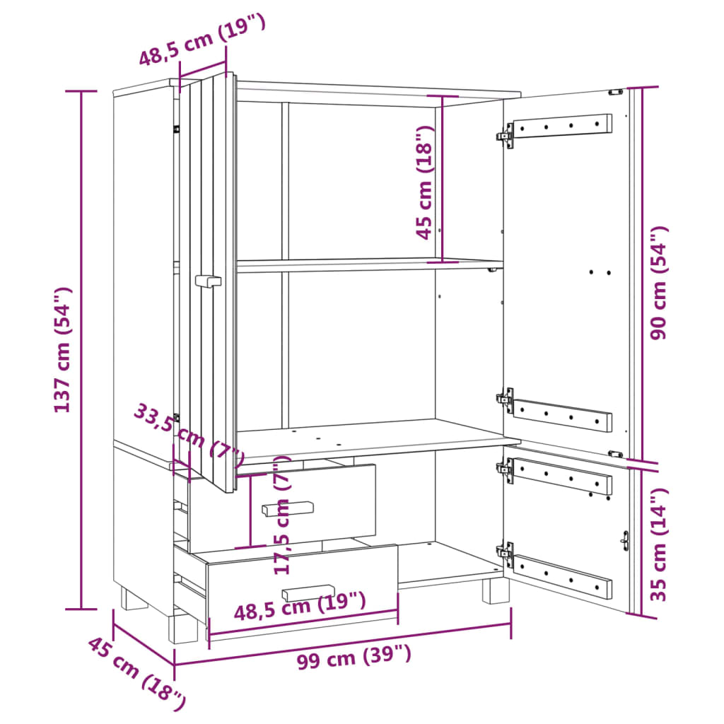 Vaatekaappi hunajanruskea 99x45x137 cm täysi mänty - Sisustajankoti.fi