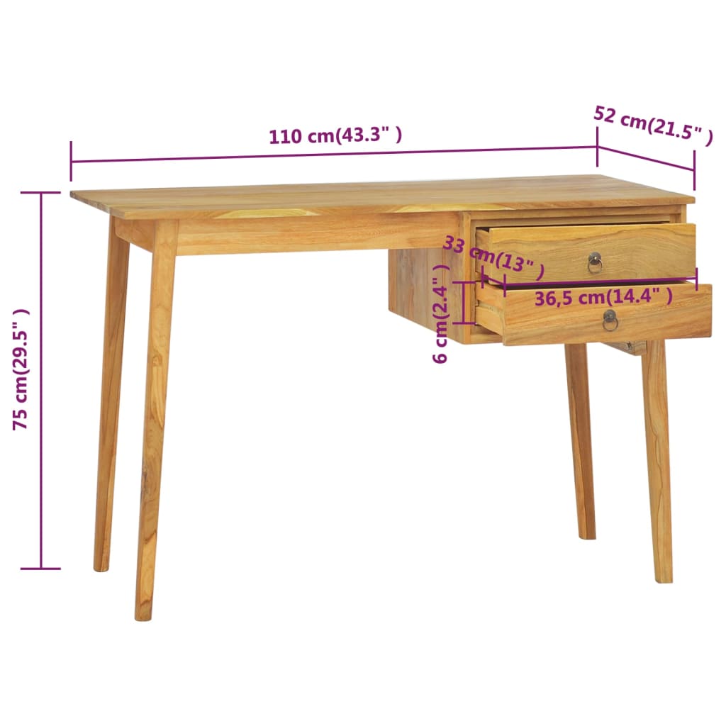 Työpöytä 2 vetolaatikolla 110x52x75 cm täysi tiikki - Sisustajankoti.fi