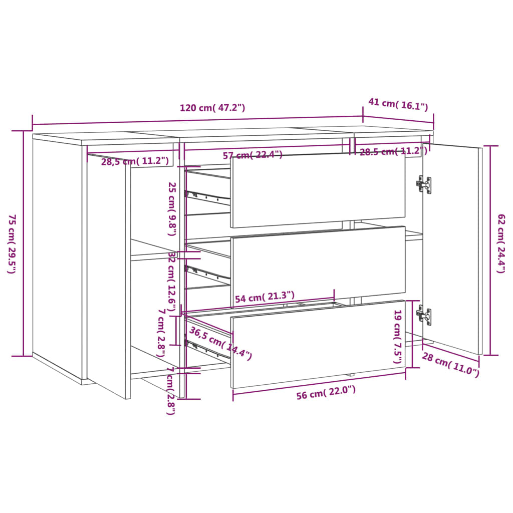 Senkki 3 vetolaatikkoa musta 120x41x75cm lastulevy - Sisustajankoti.fi