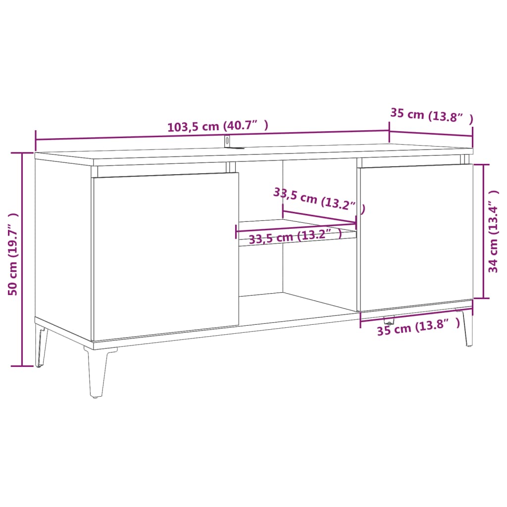 TV-taso metallijaloilla ruskea tammi 103,5x35x50 cm - Sisustajankoti.fi