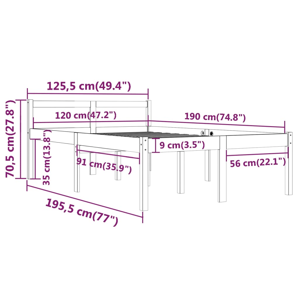 Sängynrunko harmaa täysi puu 120x190 cm 4FT Small Double - Sisustajankoti.fi