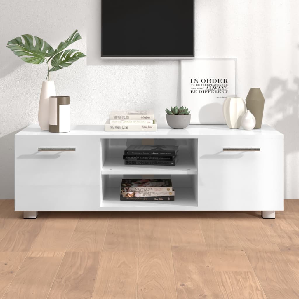 TV-taso korkeakiilto valkoinen 110x40x35 cm tekninen puu - Sisustajankoti.fi