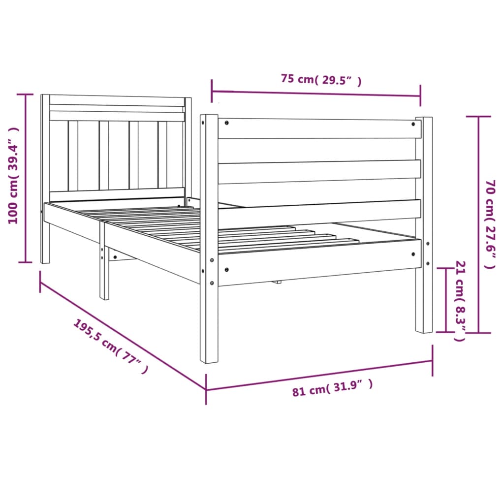 Sängynrunko musta täysi puu 75x190 cm 2FT6 Small Single - Sisustajankoti.fi