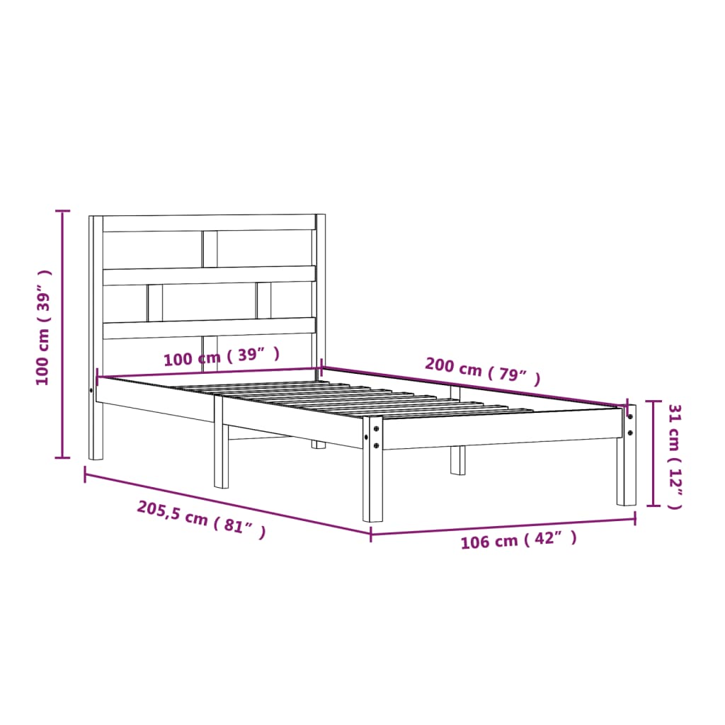 Sängynrunko musta täysi mänty 100x200 cm - Sisustajankoti.fi