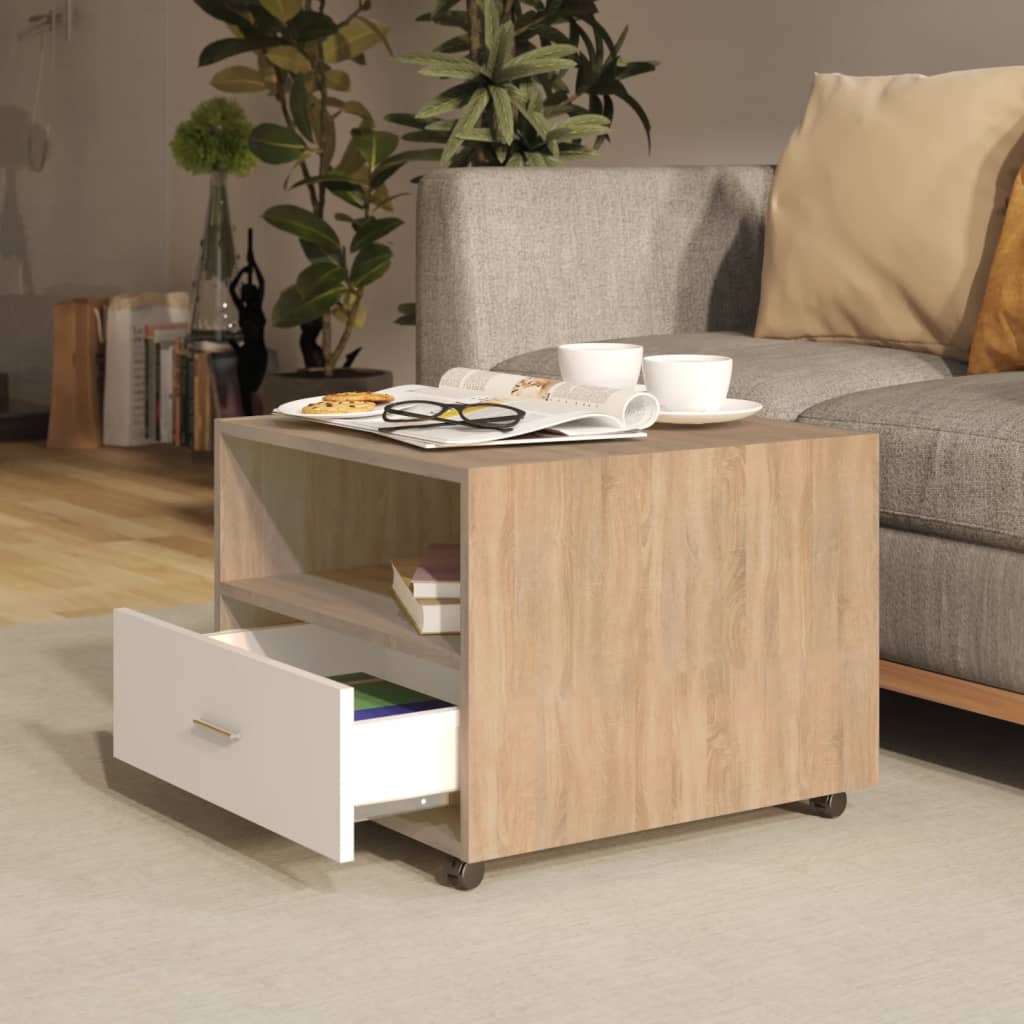 Sohvapöytä valkoinen ja Sonoma-tammi 55x55x40 cm tekninen puu - Sisustajankoti.fi