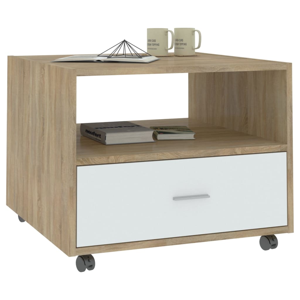 Sohvapöytä valkoinen ja Sonoma-tammi 55x55x40 cm tekninen puu - Sisustajankoti.fi