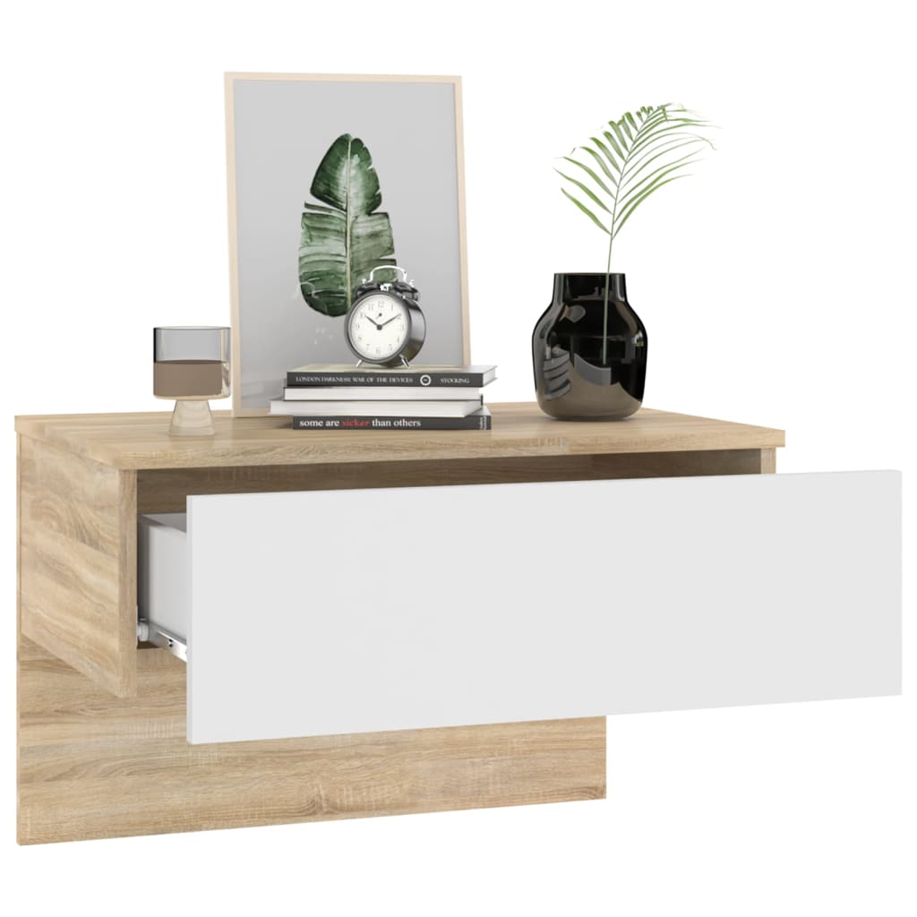 Seinäkiinnitettävät yöpöydät 2 kpl valkoinen ja Sonoma-tammi - Sisustajankoti.fi