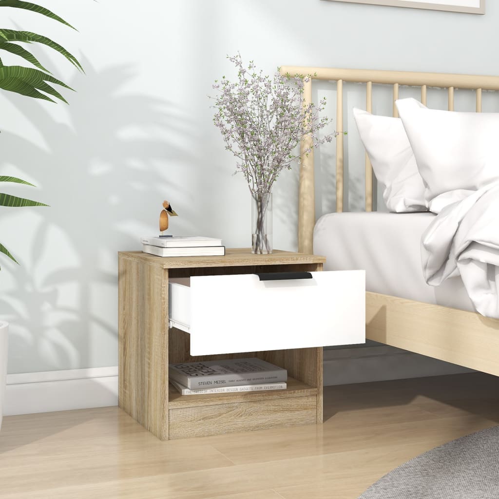 Yöpöydät 2 kpl valkoinen ja Sonoma-tammi tekninen puu - Sisustajankoti.fi