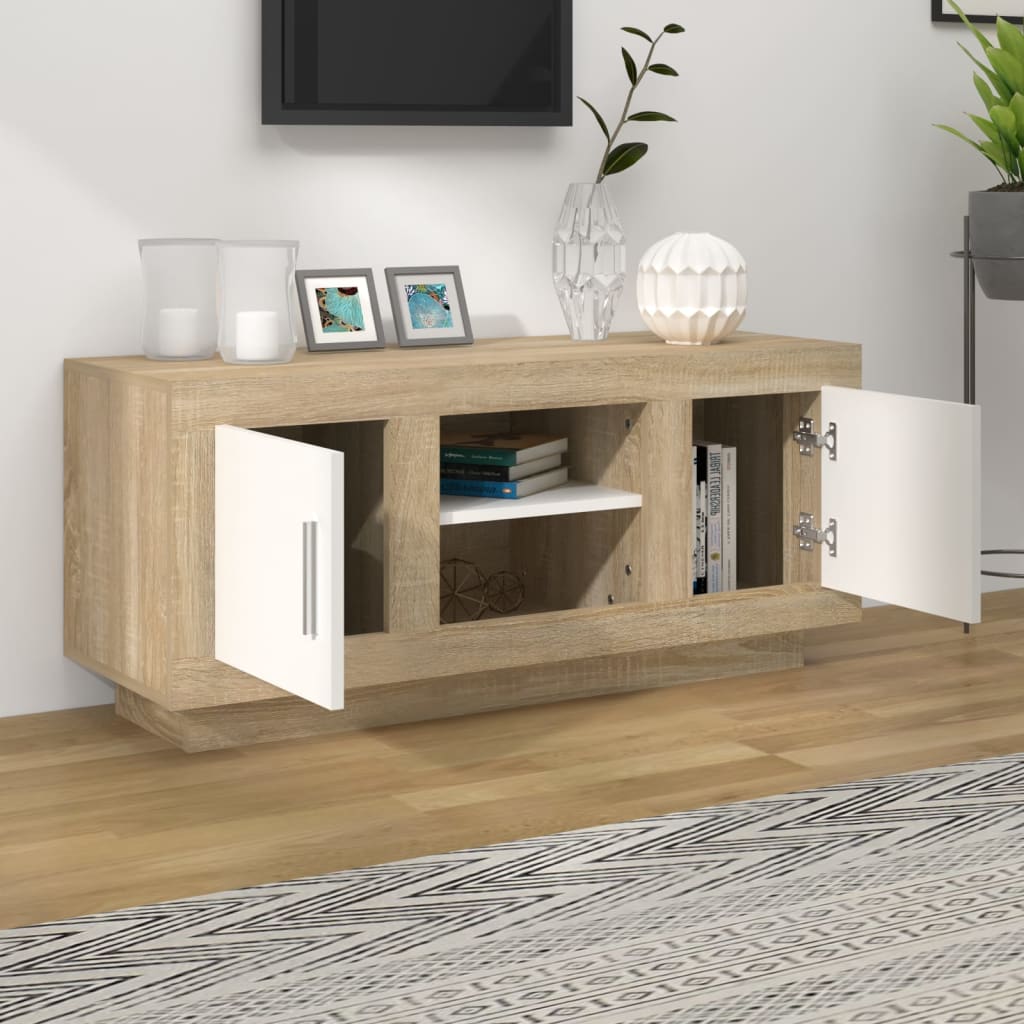 TV-taso valkoinen ja Sonoma-tammi 102x35x45 cm tekninen puu - Sisustajankoti.fi