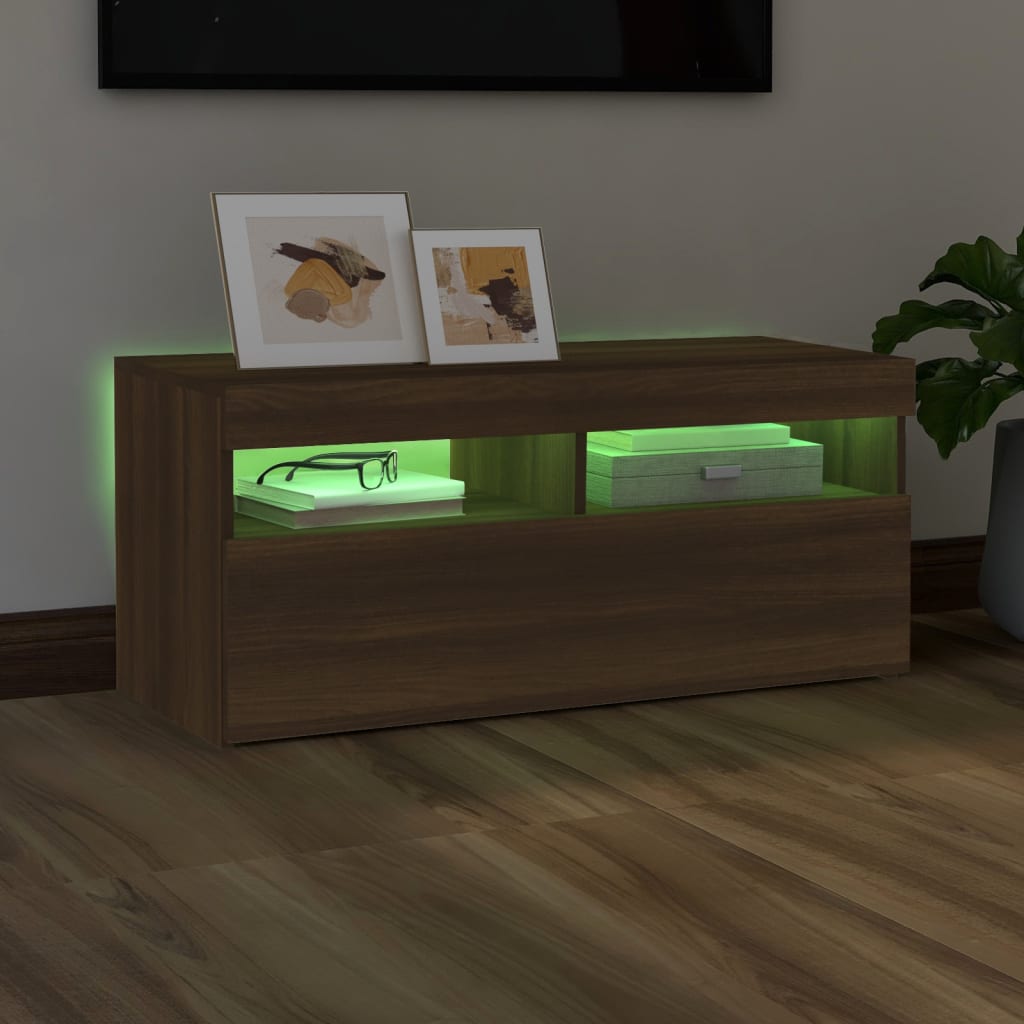 TV-taso LED-valoilla ruskea tammi 90x35x40 cm - Sisustajankoti.fi