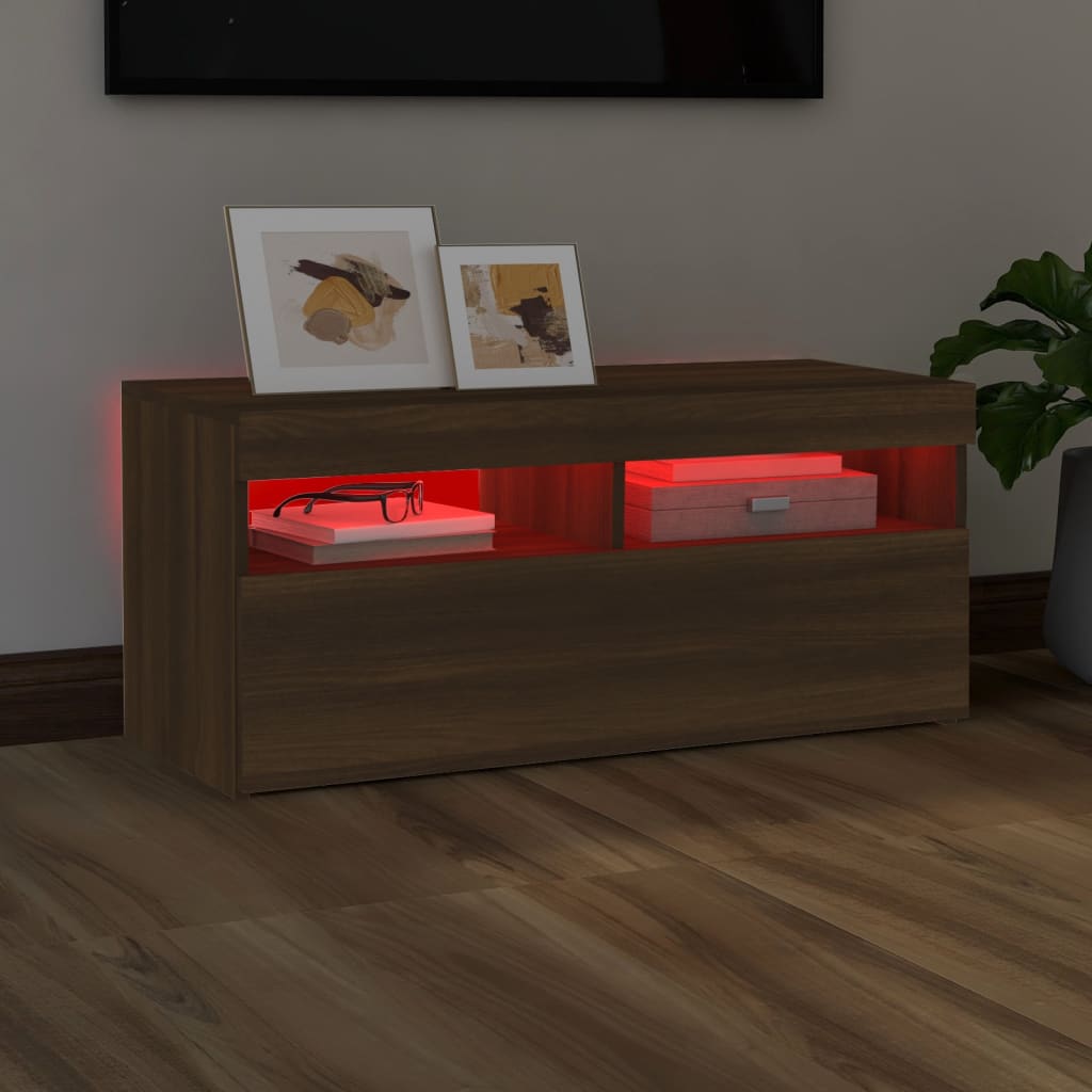 TV-taso LED-valoilla ruskea tammi 90x35x40 cm - Sisustajankoti.fi