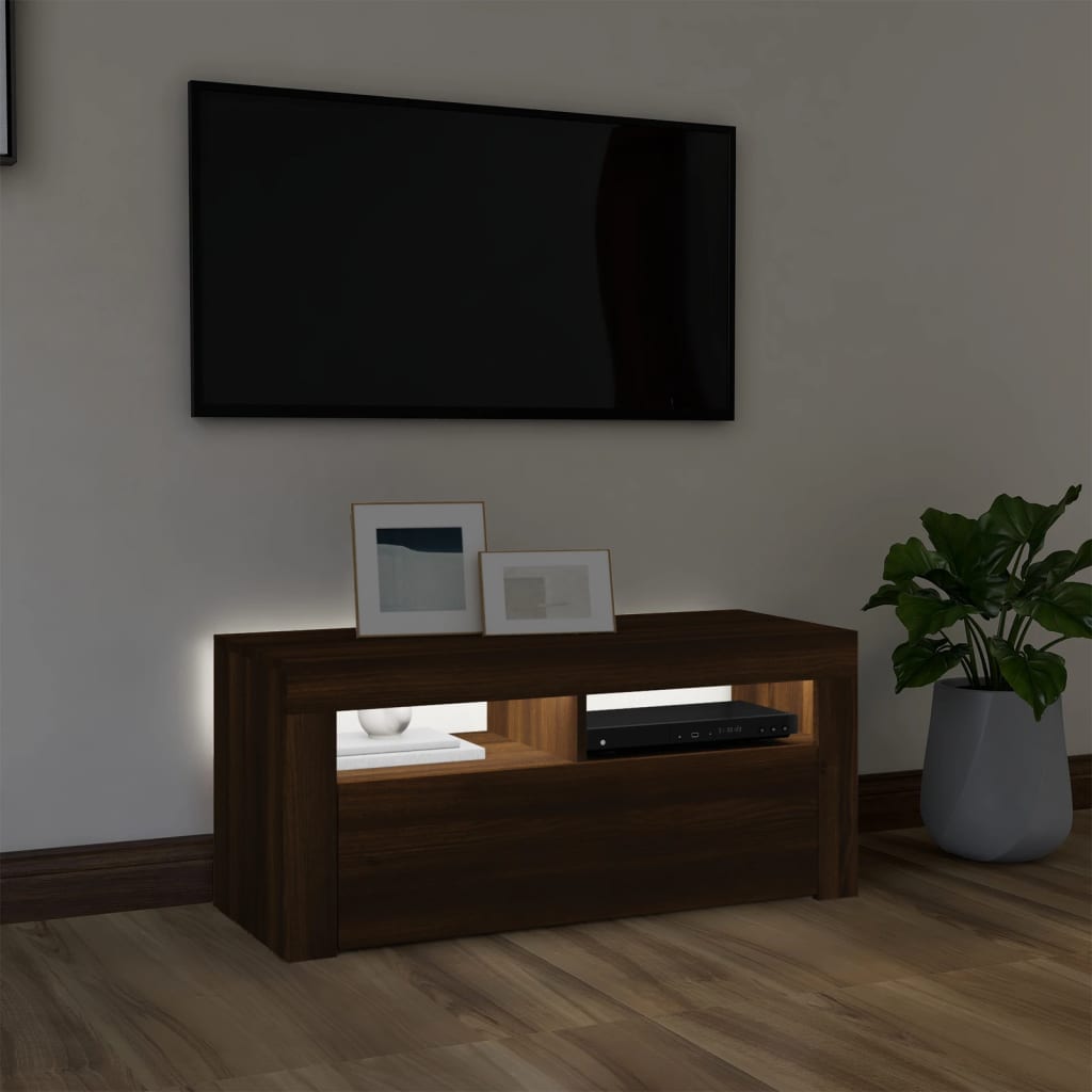 TV-taso LED-valoilla ruskea tammi 90x35x40 cm - Sisustajankoti.fi