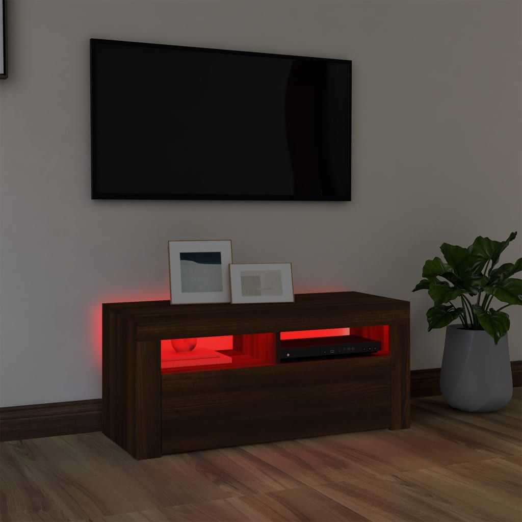 TV-taso LED-valoilla ruskea tammi 90x35x40 cm - Sisustajankoti.fi