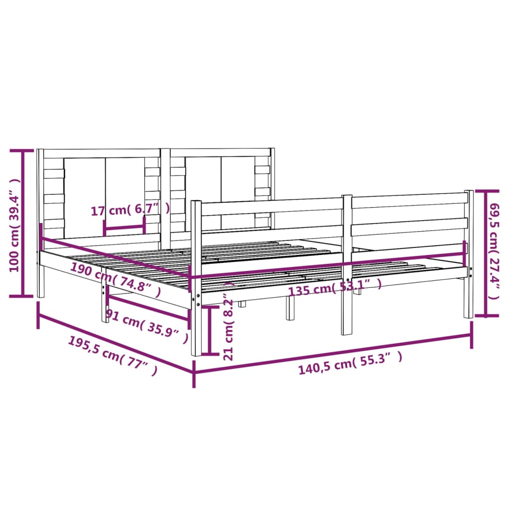 Sängynrunko musta täysi mänty 135x190 cm 4FT6 Double - Sisustajankoti.fi