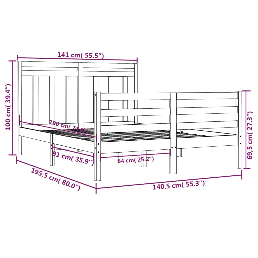 Sängynrunko harmaa täysi puu 135x190 cm 4FT6 Double - Sisustajankoti.fi