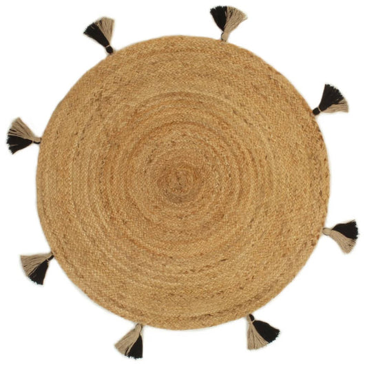 Punottu juuttimatto tupsuilla 90 cm pyöreä - Sisustajankoti.fi