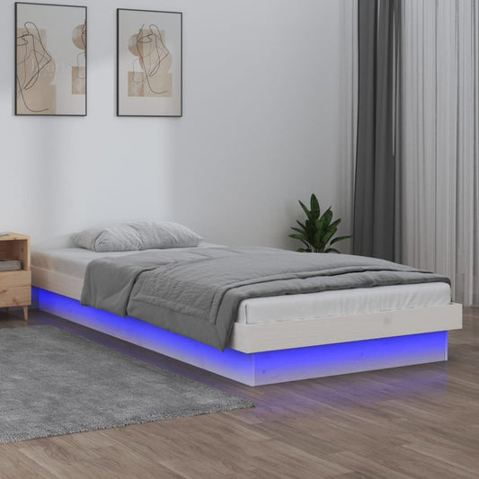 Sängynrunko LED-valoilla valkoinen 90x200 cm täysi puu - Sisustajankoti.fi