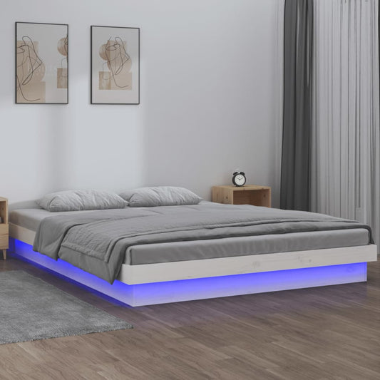 Sängynrunko LED-valoilla valkoinen 200x200 cm täysi puu - Sisustajankoti.fi