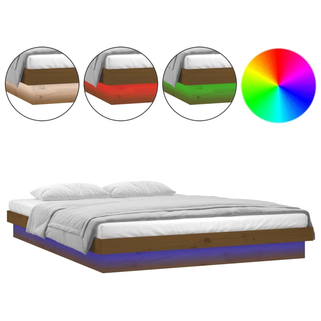 Sängynrunko LED-valoilla hunajanruskea 200x200 cm täysi mänty - Sisustajankoti.fi