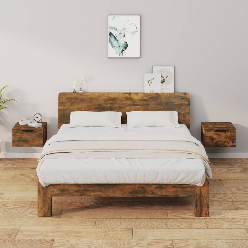 Seinäkiinnitettävät yöpöydät 2 kpl savutammi 34x30x20 cm - Sisustajankoti.fi