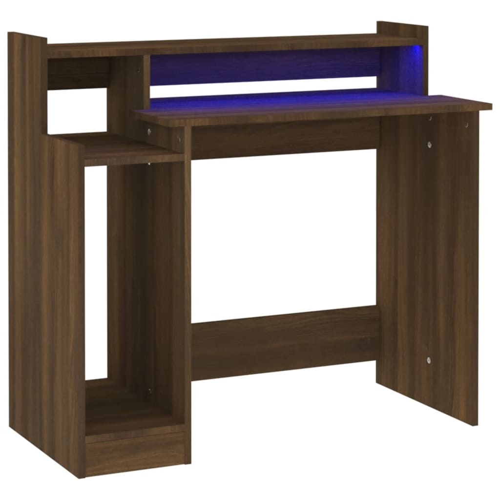 Työpöytä LED-valoilla ruskea tammi 97x45x90 cm tekninen puu - Sisustajankoti.fi