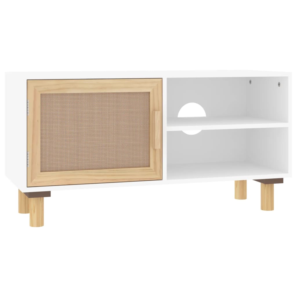 TV-taso valkoinen 80x30x40 cm täysi mänty ja luonnonrottinki - Sisustajankoti.fi