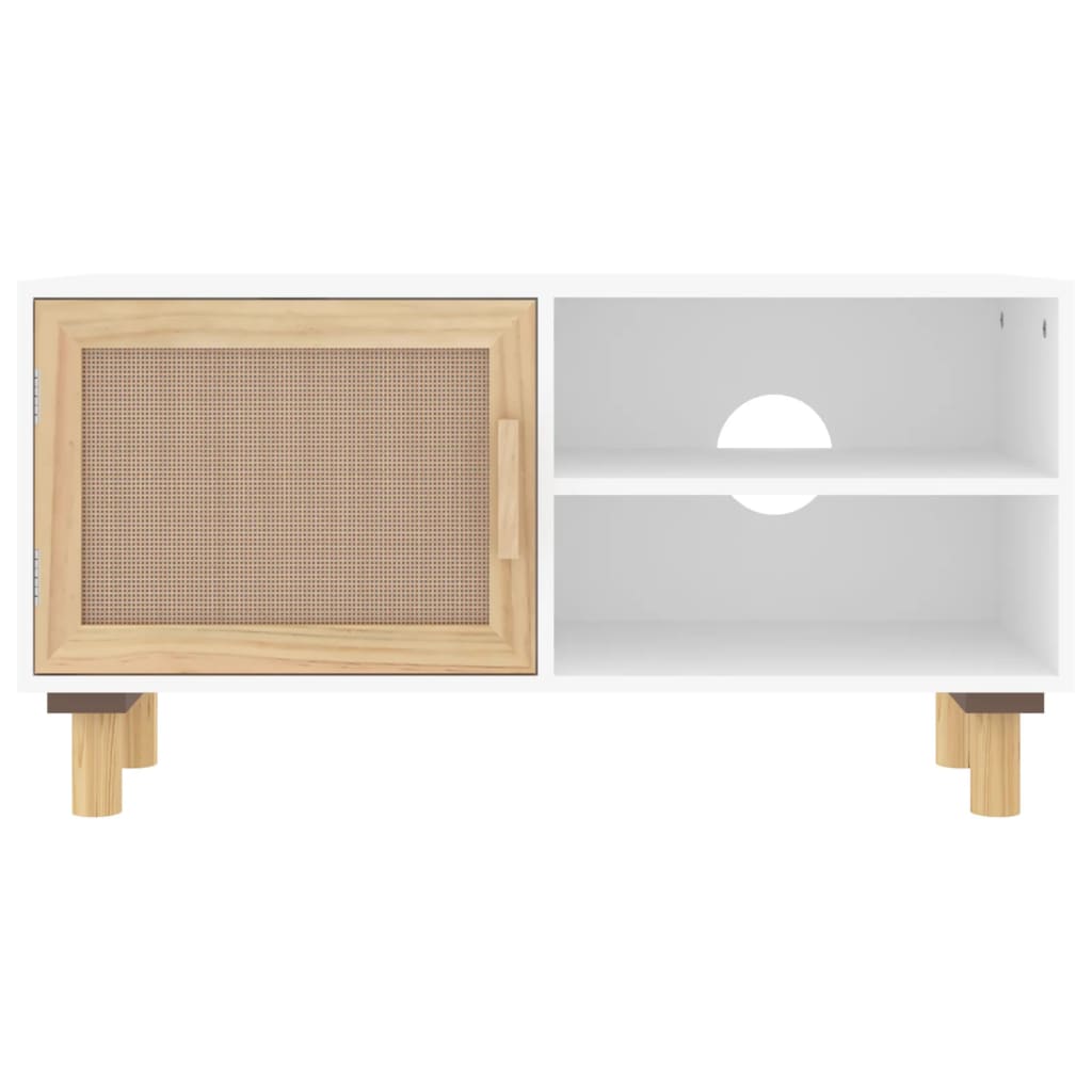 TV-taso valkoinen 80x30x40 cm täysi mänty ja luonnonrottinki - Sisustajankoti.fi