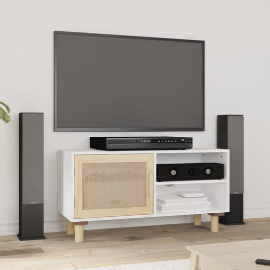 TV-taso valkoinen 80x30x40 cm täysi mänty ja luonnonrottinki - Sisustajankoti.fi