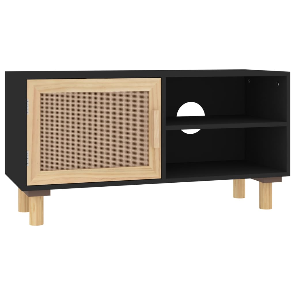 TV-taso musta 80x30x40 cm täysi mänty ja luonnonrottinki - Sisustajankoti.fi