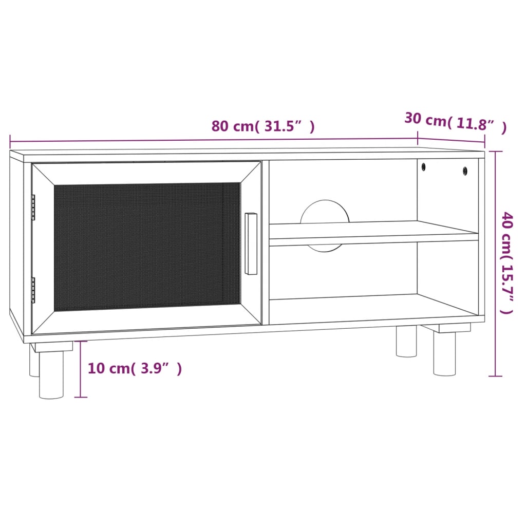 TV-taso musta 80x30x40 cm täysi mänty ja luonnonrottinki - Sisustajankoti.fi