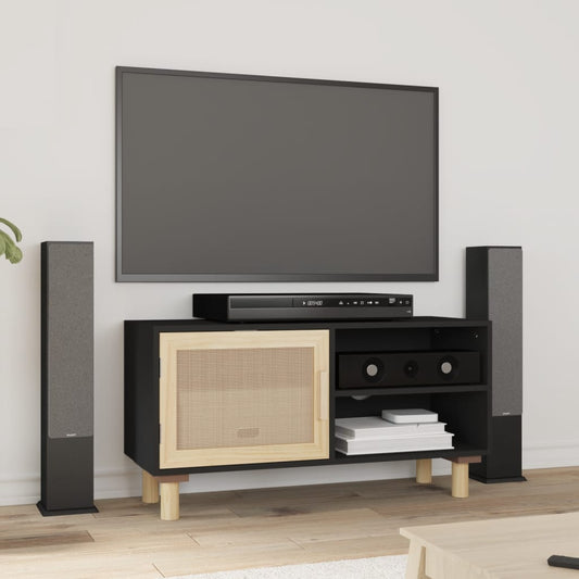 TV-taso musta 80x30x40 cm täysi mänty ja luonnonrottinki - Sisustajankoti.fi