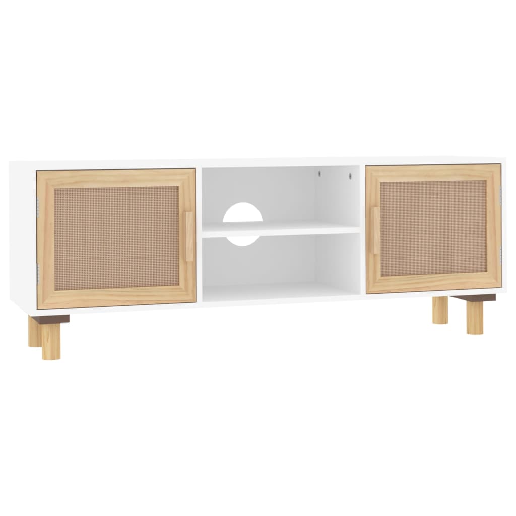 TV-taso valkoinen 105x30x40 cm täysi mänty ja luonnonrottinki - Sisustajankoti.fi