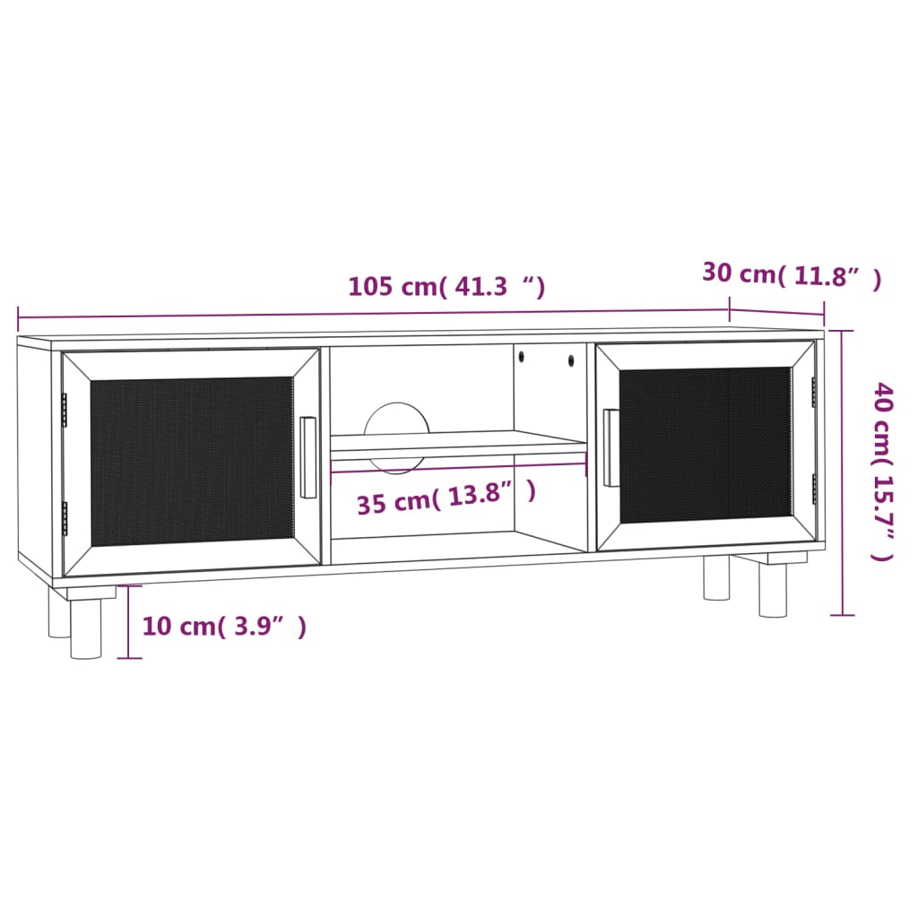 TV-taso valkoinen 105x30x40 cm täysi mänty ja luonnonrottinki - Sisustajankoti.fi