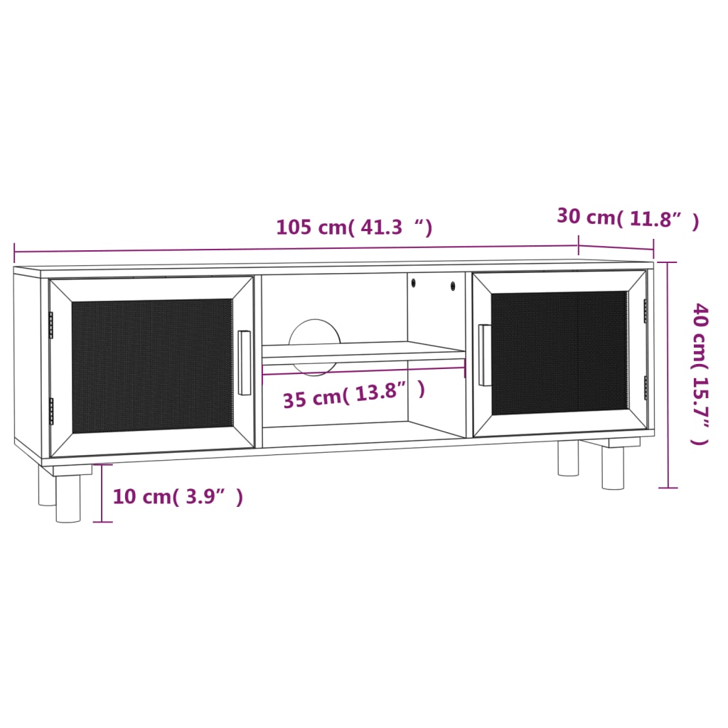 TV-taso musta 105x30x40 cm täysi mänty ja luonnonrottinki - Sisustajankoti.fi