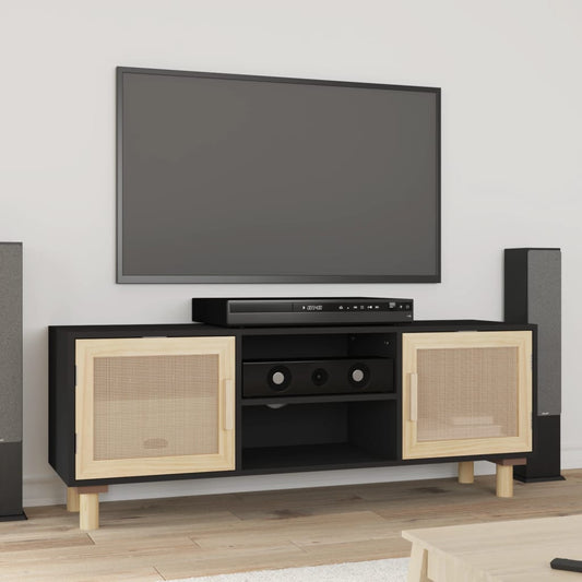 TV-taso musta 105x30x40 cm täysi mänty ja luonnonrottinki - Sisustajankoti.fi