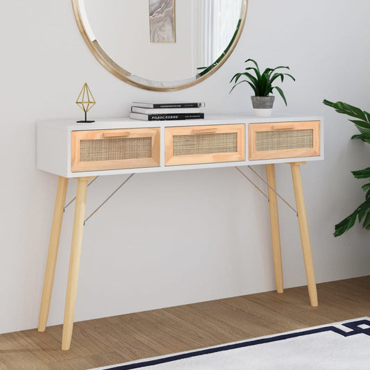 Konsolipöytä valkoinen 105x30x75 cm täysi mänty ja rottinki - Sisustajankoti.fi